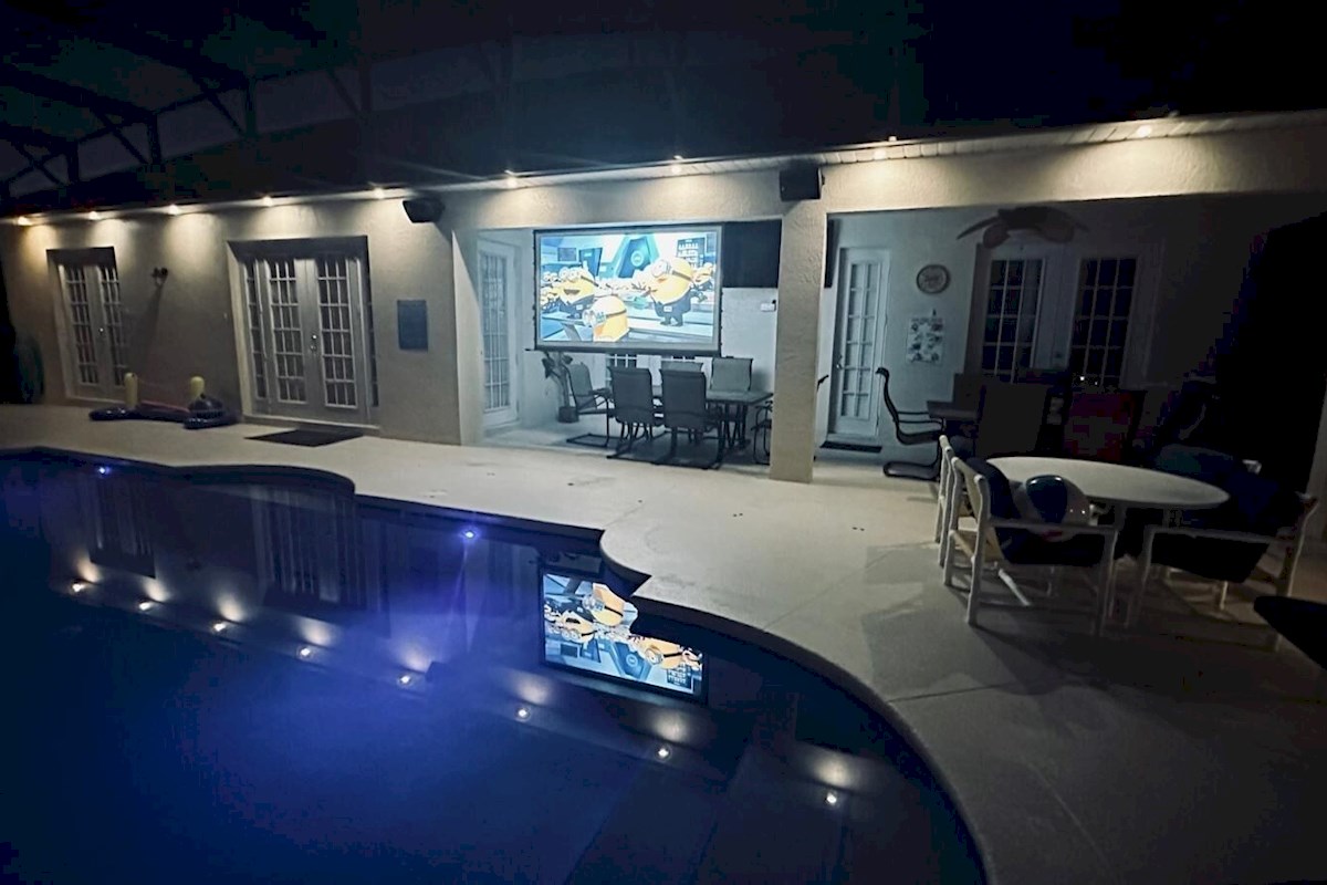 100 inch screen and projector with external speakers.