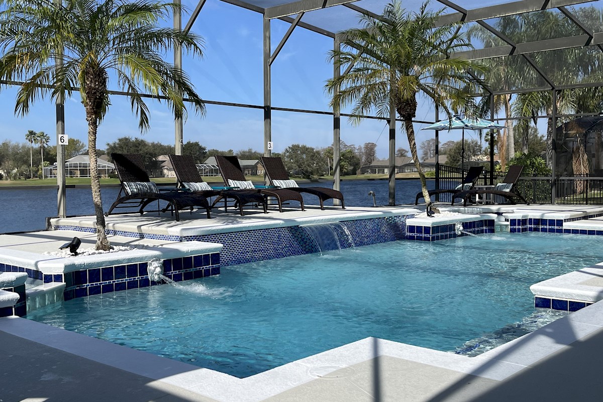 Newly refurbished pool with lake view