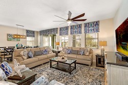 spacious family room with views to the pool
