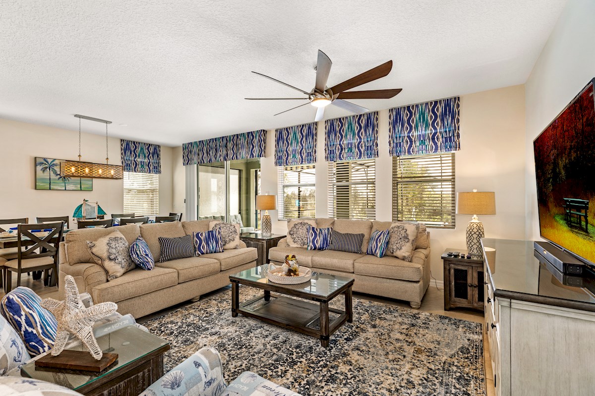 spacious family room with views to the pool