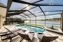 Pool and deck with lake views