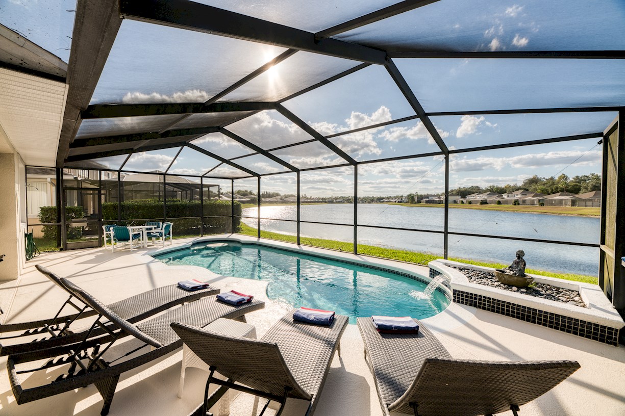 Pool and deck with lake views